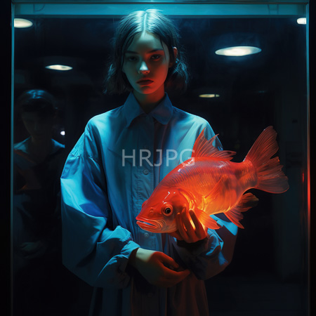 High Resolution: Asian woman with fair skin and shoulder-length brown hair wearing blue surgical scrubs in dim lighting inside a fish tank room holding a goldfish download. | HRJPG.com