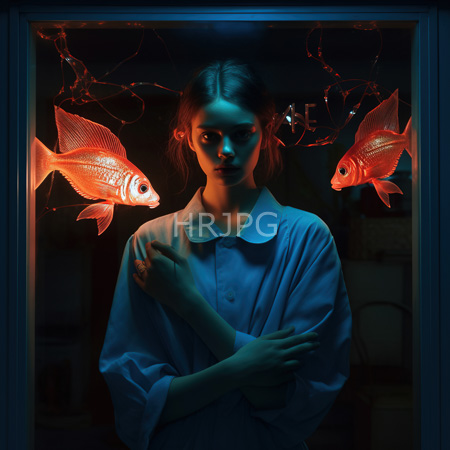 High Resolution: Young woman with fair skin and brown hair wearing an oversized white button-up shirt standing inside a glass aquarium with two goldfish download. | HRJPG.com