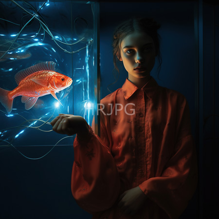 High Resolution: Asian woman with fair skin and dark hair in two buns wearing a red silk robe standing beside an illuminated aquarium with vibrant goldfish download. | HRJPG.com