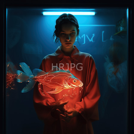 High Resolution: Asian woman with wet dark hair in red pajamas holding a glowing orange goldfish inside a dim blue-lit aquarium tank download. | HRJPG.com