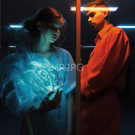High Resolution: Two young individuals in dim lighting separated by an illuminated vertical line one holding an ethereal glowing smoke-like object download. | HRJPG.com