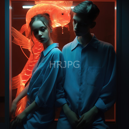 High Resolution: Two young pale-skinned individuals standing side by side in front of an illuminated glass tank containing a large orange fish silhouette download. | HRJPG.com