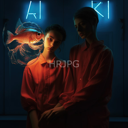 High Resolution: Two young women wearing matching red button-up shirts sitting closely in dim blue lighting one with an orange fish floating beside her head download. | HRJPG.com
