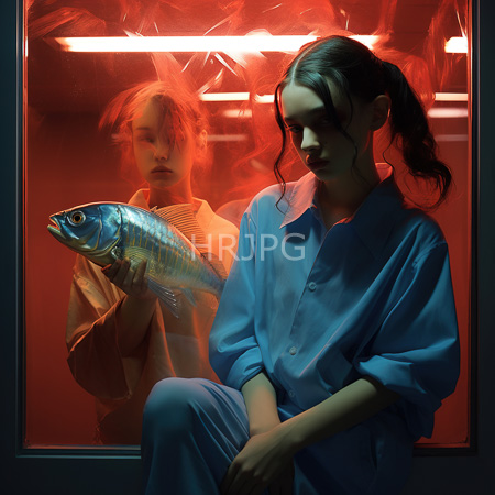 High Resolution: Two women in blue medical scrubs one holding an illuminated fish tank with red lighting behind her while the other looks contemplative download. | HRJPG.com