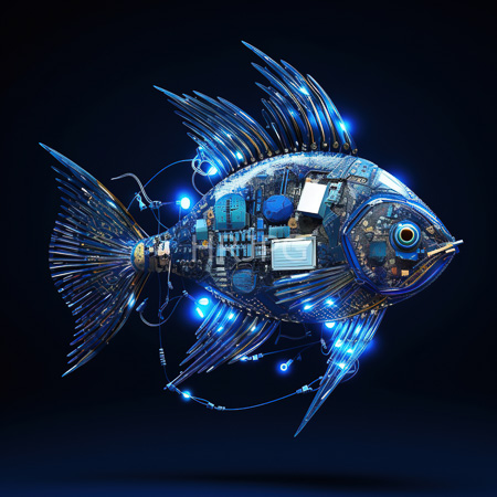 High Resolution: Intricately designed futuristic fish with metallic and electronic components floating against a dark blue background with glowing neon-blue lights download. | HRJPG.com