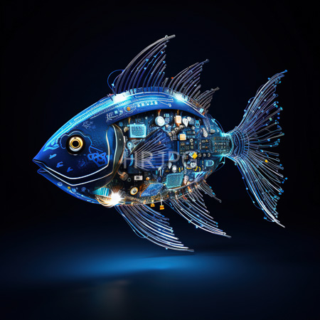 High Resolution: Intricately designed glowing blue fish with transparent fins and tail against a dark background with electronic components inside download. | HRJPG.com