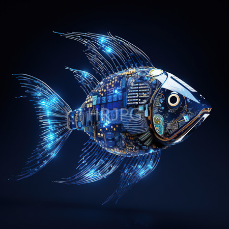 High Resolution: Intricately designed futuristic fish with glowing blue and metallic components resembling circuit boards inside its body download. | HRJPG.com