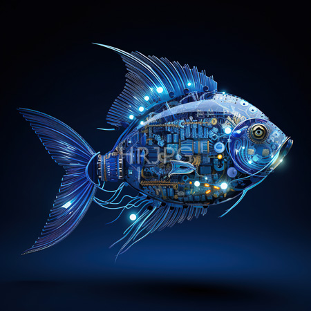 High Resolution: Intricately detailed glowing blue fish with mechanical and steampunk elements inside its translucent body against a dark background download. | HRJPG.com