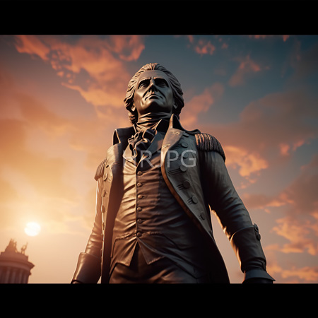 High Resolution: Imposing bronze-colored statue depicting George Washington in military attire set against a dramatic sunset sky filled with orange clouds download. | HRJPG.com