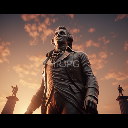 High Resolution: Imposing bronze statue depicting George Washington in period attire standing tall against a dramatic sunset sky with scattered clouds download. | HRJPG.com