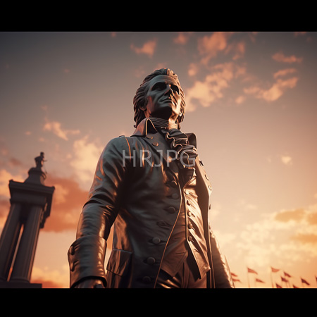 High Resolution: Imposing bronze statue depicting George Washington in military attire holding binoculars and looking upward against a sunset sky download. | HRJPG.com