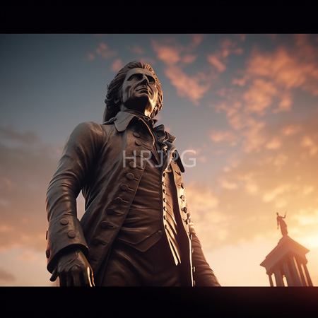 High Resolution: Imposing bronze-colored statue depicting George Washington in period attire standing tall against a dramatic sunset sky filled with pink clouds download. | HRJPG.com