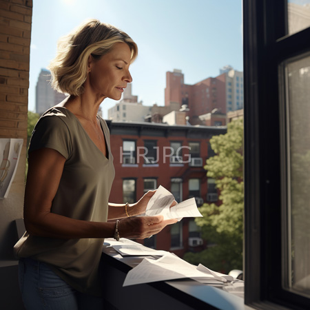 High Resolution: Attractive blonde woman standing by an open window in a sunlit room wearing an olive green top reading letters at the windowsill download. | HRJPG.com
