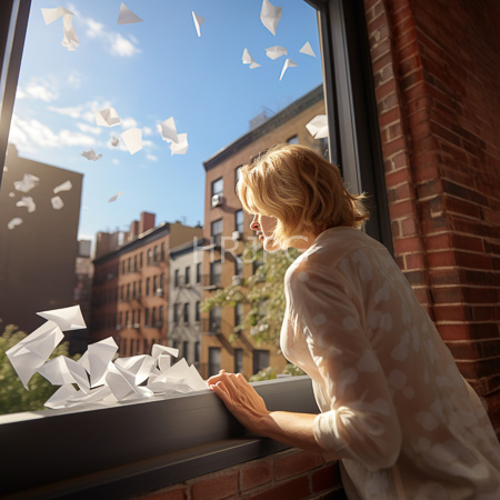 High Resolution: Blonde woman with wavy hair wearing a white polka-dotted blouse standing by a large window with paper origami shapes floating outside download. | HRJPG.com