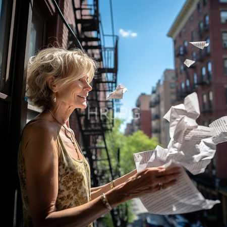 High Resolution: Elderly white woman with short curly blonde hair standing by a sunlit window in her apartment's fire escape area wearing a floral top download. | HRJPG.com