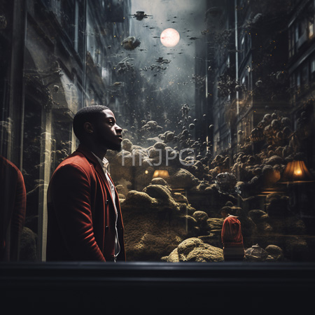 High Resolution: African-American man wearing a red blazer inside a dim-lit store display gazing at a surreal scene of floating moss-like clouds through a window download. | HRJPG.com