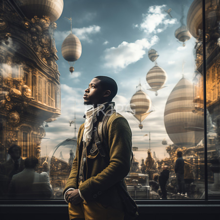 High Resolution: African-American man wearing glasses and an olive green coat standing inside a glass-walled building reflecting a steampunk cityscape outside download. | HRJPG.com