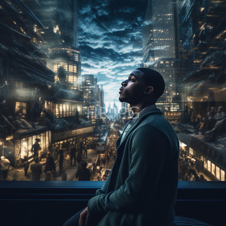 High Resolution: African-American man wearing a green jacket standing in profile against glass windows overlooking a bustling futuristic city at night download. | HRJPG.com