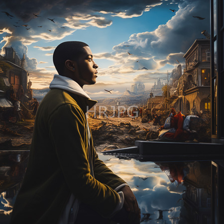 High Resolution: African-American man wearing a green jacket sitting by reflective water at sunset in a bustling Victorian-era cityscape with dramatic clouds download. | HRJPG.com