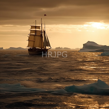 High Resolution: Old-fashioned wooden ship with tall masts and white sails sailing on shimmering golden-hued ocean waters at sunset with silhouetted icebergs download. | HRJPG.com