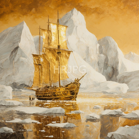 High Resolution: Detailed realistic painting depicts an old wooden sailing ship with golden sails navigating icy waters surrounded by towering white glaciers download. | HRJPG.com