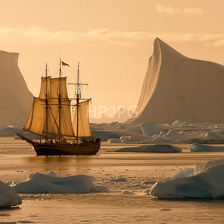 High Resolution: Antique wooden sailing ship with yellow sails navigating through icy waters at sunset surrounded by large icebergs and sea-ice chunks download. | HRJPG.com