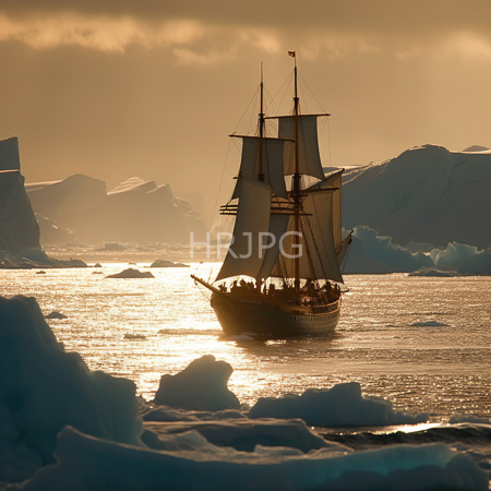 High Resolution: Old-fashioned three-masted wooden ship sailing through icy waters at sunset with golden sunlight reflecting off icebergs and water surface download. | HRJPG.com