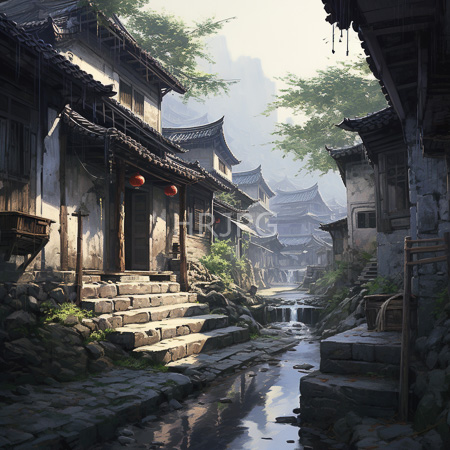 High Resolution: Ancient misty Asian village with traditional wooden buildings featuring curved roofs and lanterns on a narrow stone-paved street download. | HRJPG.com
