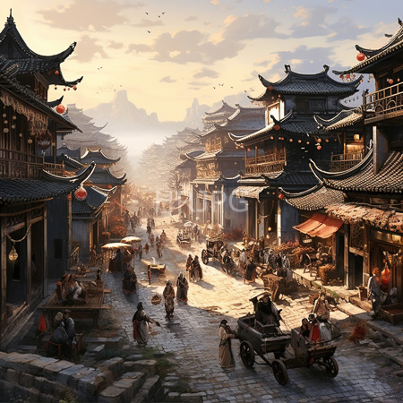 High Resolution: Ancient Asian village at sunset featuring traditional pagoda-style buildings on both sides of cobblestone streets bustling with people download. | HRJPG.com