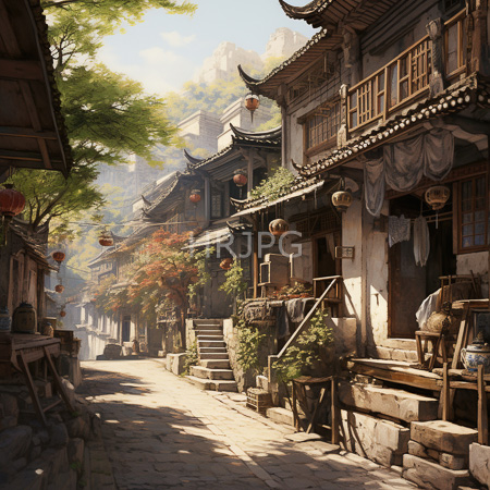 High Resolution: Intricate painting of a sunlit narrow Asian street lined with traditional wooden buildings and hanging lanterns leading to mist-covered mountains download. | HRJPG.com