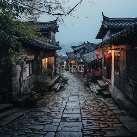 High Resolution: Ancient narrow cobblestone street in traditional Chinese architecture style at dusk or dawn with misty atmosphere and red lanterns download. | HRJPG.com