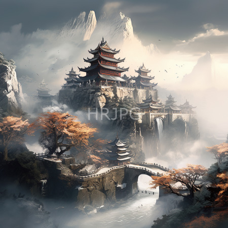 High Resolution: Ethereal misty mountain landscape with traditional Chinese pagodas atop rocky cliffs and an arched stone bridge over calm water download. | HRJPG.com