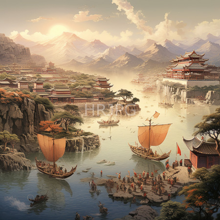 High Resolution: Intricate detailed painting depicting ancient Chinese civilization with mountainous landscapes serene rivers and traditional pagodas on rocky cliffs download. | HRJPG.com