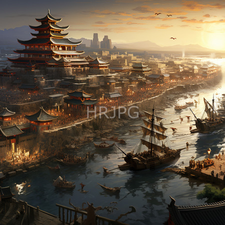 High Resolution: Ancient Asian city at sunset featuring tiered pagodas with red and gold roofs along a riverbank bustling with activity and wooden ships download. | HRJPG.com