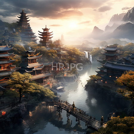 High Resolution: Ethereal misty Asian village at sunset with traditional pagodas on rocky cliffs surrounding a serene river flowing into a waterfall download. | HRJPG.com