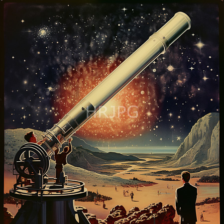 High Resolution: Two men adjusting and observing from afar standing on an elevated platform with a large white telescope pointing at a vibrant galaxy download. | HRJPG.com