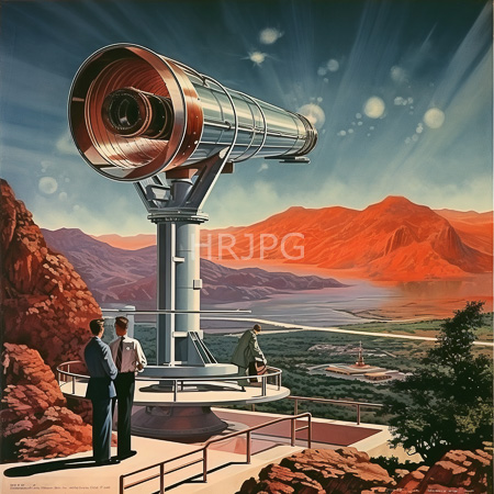 High Resolution: Illustrated retro-style artwork depicting two men in suits observing through a large metallic telescope on a circular observation platform download. | HRJPG.com