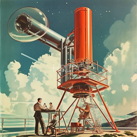 High Resolution: Illustrated vintage-style drawing depicting three men at a large red and silver rocket launch tower against a cloudy sky with stars download. | HRJPG.com