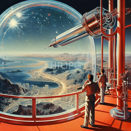 High Resolution: Two men in brown suits standing on an orange futuristic observation deck with a massive metallic telescope overlooking a desert city download. | HRJPG.com