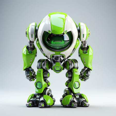 High Resolution: Adorable small green and white robot with rounded features standing on two legs against a gradient gray background with large black eyes download. | HRJPG.com
