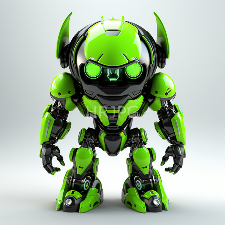 High Resolution: Adorable chibi-style robot with bright green and black armor plates standing against a plain white background with large glowing neon-green eyes download. | HRJPG.com