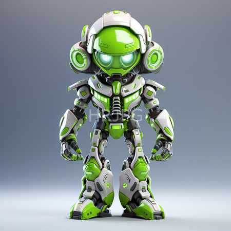 High Resolution: Adorable small humanoid robot with green and white armor plates standing against a gradient gray background with glowing blue eyes download. | HRJPG.com