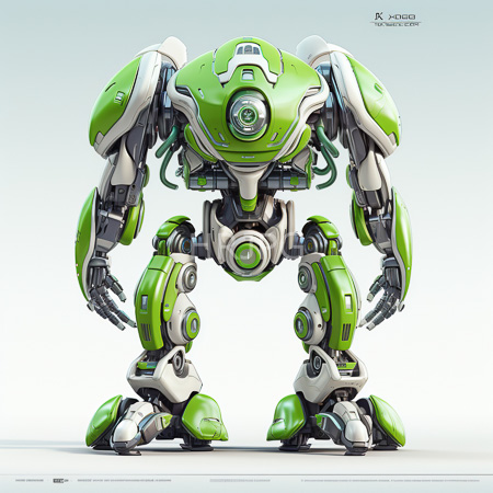 High Resolution: Anthropomorphic green and white robotic figure with rounded armor plates standing in a slightly hunched posture against a light blue background download. | HRJPG.com
