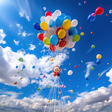 High Resolution: Colorful balloons including reds blues yellows and whites forming an upward bouquet against a bright blue sky filled with fluffy clouds download. | HRJPG.com