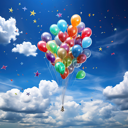 High Resolution: Colorful balloons floating in a clear blue sky with fluffy white clouds and numerous small star-shaped decorations scattered around them download. | HRJPG.com
