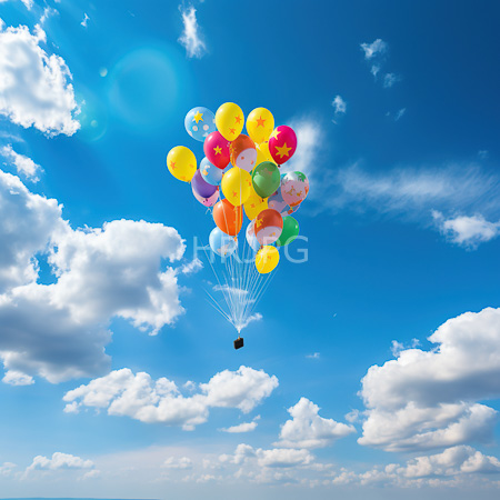 High Resolution: Colorful balloons floating in a clear blue sky with scattered white clouds and a black balloonist below holding the strings download. | HRJPG.com