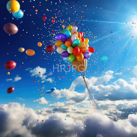 High Resolution: Colorful balloons in red yellow blue green and purple floating above fluffy clouds against a bright sky with sunlight rays download. | HRJPG.com