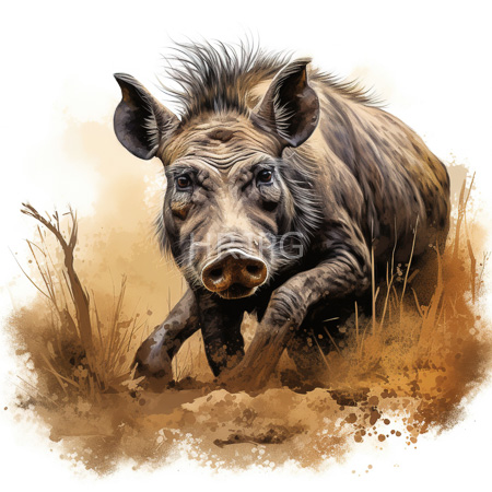 High Resolution: African warthog with dark spotted fur and prominent tusks charging forward through dry grasses against a beige background download. | HRJPG.com