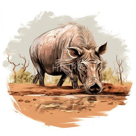 High Resolution: Anthropomorphic warthog with detailed textured fur stands at the edge of a muddy waterhole with its reflection visible below download. | HRJPG.com