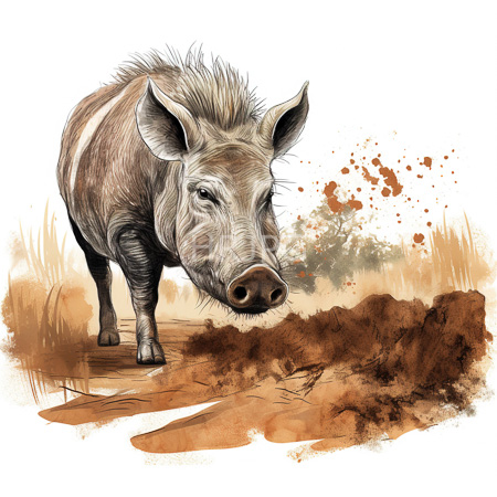 High Resolution: Anthropomorphic warthog with detailed textured fur and prominent tusks is sniffing at dry soil on its right side against a white background download. | HRJPG.com